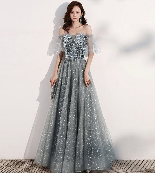 Shiny tulle long prom dress with sequins gray evening dress  8405
