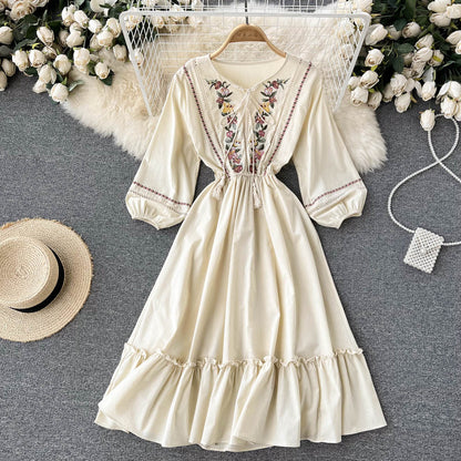 Simple A Line Embroidery Long Sleeve Dress  10764