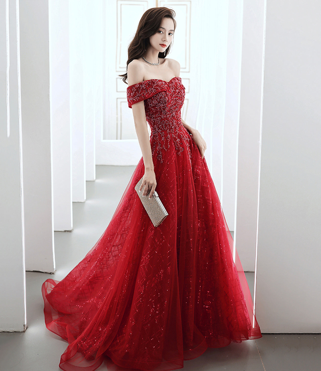 Red tulle sequins long prom dress evening dress  8969