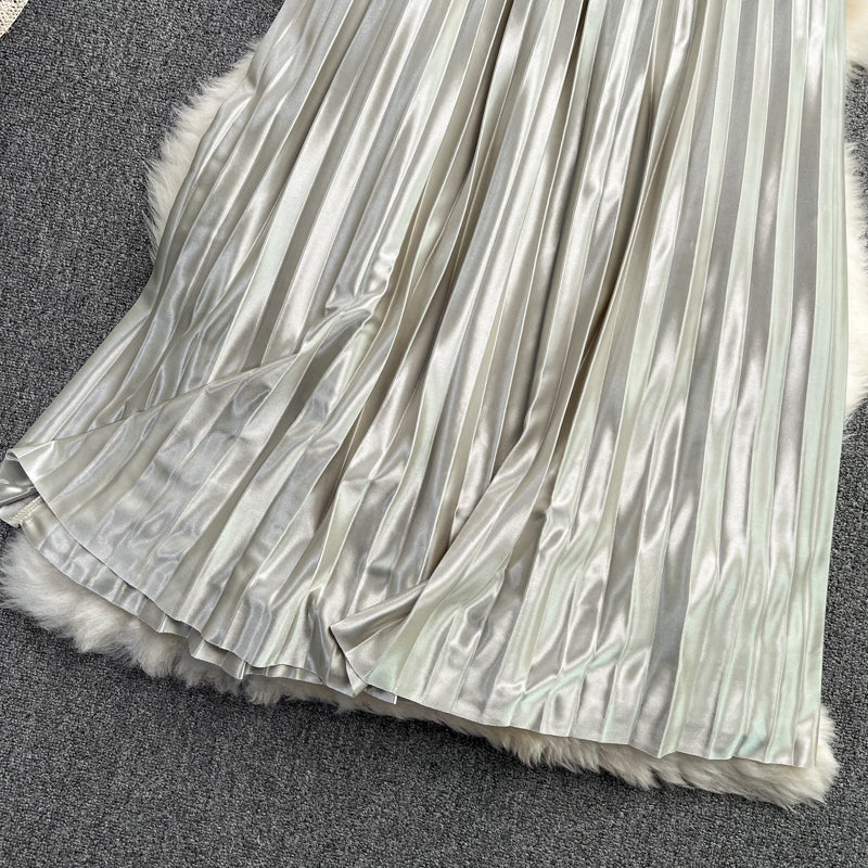 Versatile acetate SATIN HIGH WAIST slim pleated skirt  11296