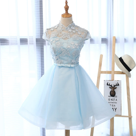 Blue lace tulle short prom dress, homecoming dress  8148