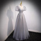 Gray tulle beads long prom dress A line evening dress  8956