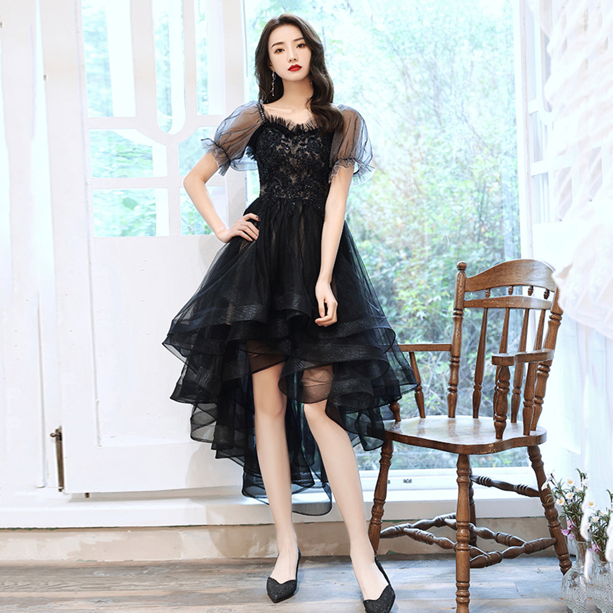 Black tulle lace high low prom dress party dress  8743