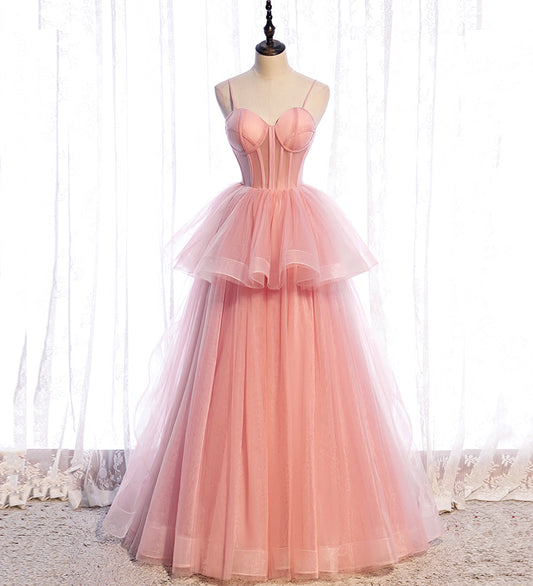 Pink tulle long prom dress pink evening dress  8518
