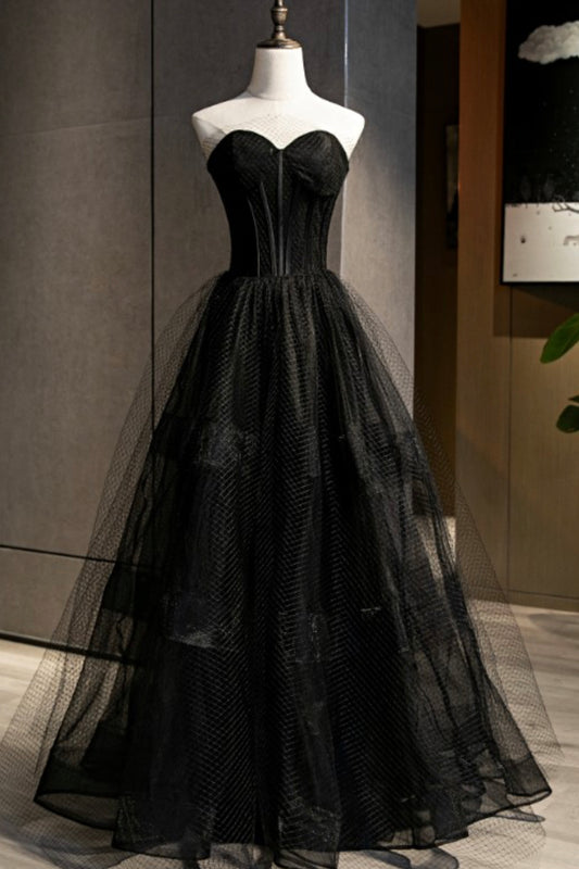 Black tulle long A line prom dress black evening dress  8684