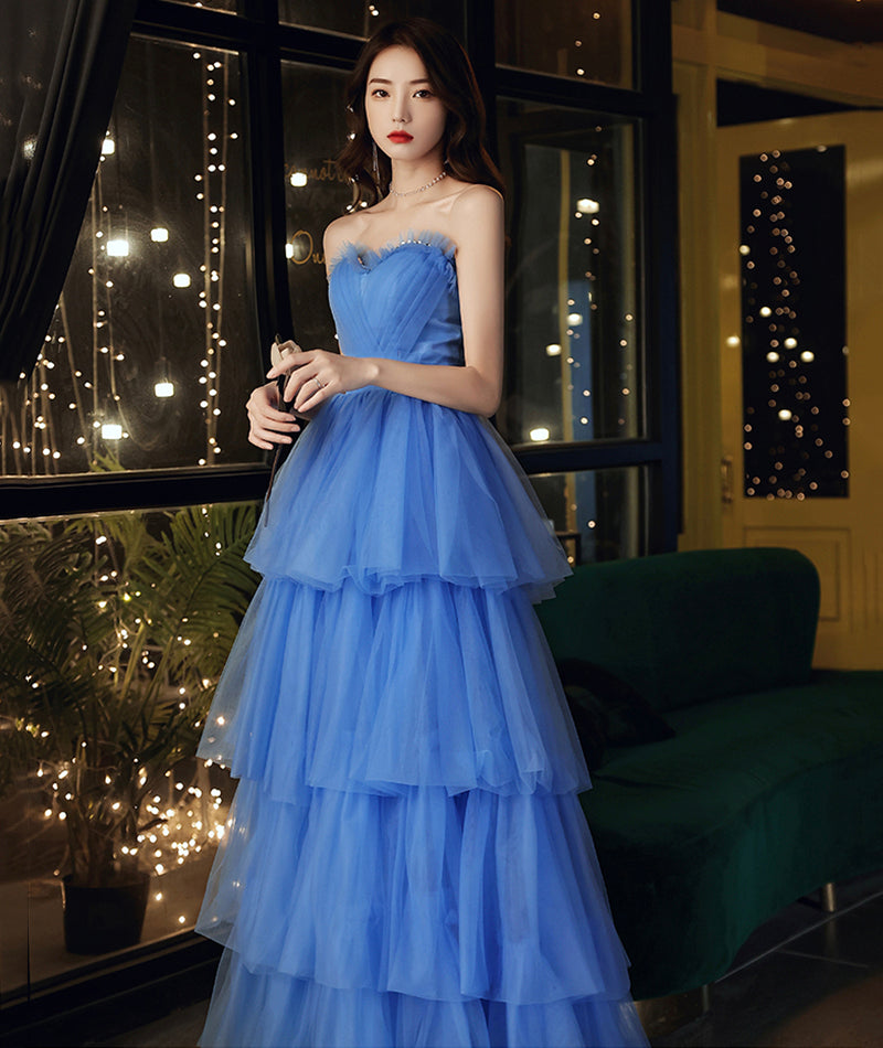 Blue tulle long prom dress blue evening dress  8522
