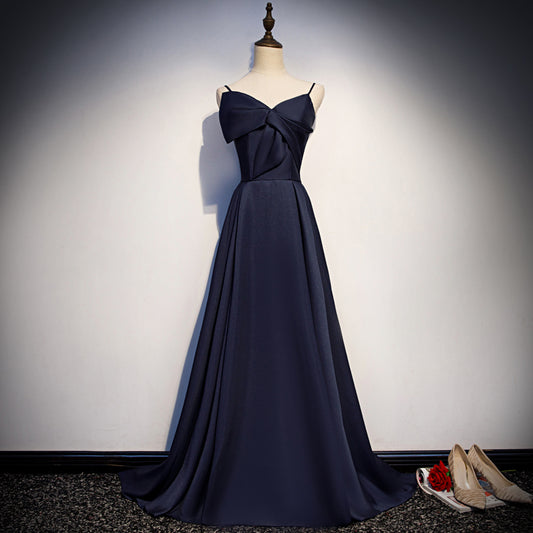 Dark blue satin long prom dress, simple evening dress  8074