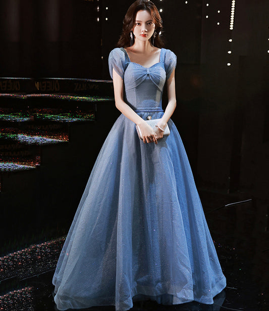 Blue tulle sequins long prom dress evening gown  10310