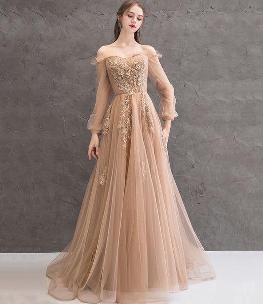Elegant tulle lace long prom dress A line evening gown  10344