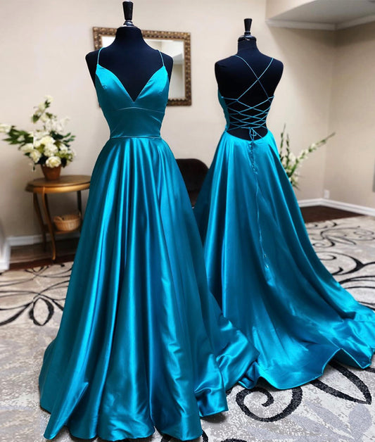 Blue satin long prom dress simple evening dress  8445