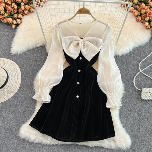 Cute V-Neck Bow Long Sleeve Dress Black Fashion Dress  10883