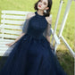 Blue tulle lace long prom dress blue evening dress  8404