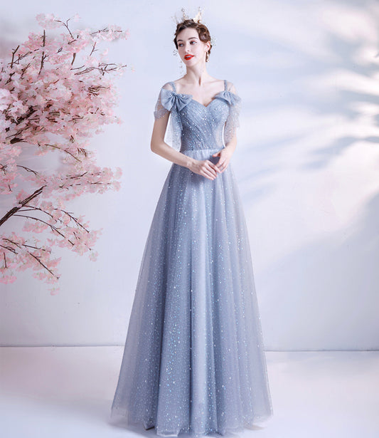 Gray tulle sequins long A line prom dress evening dress  8690