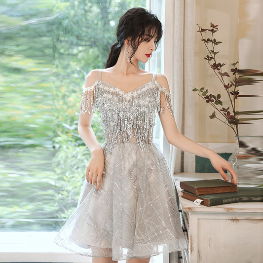 Gray sequins short prom dress evening dress  8326