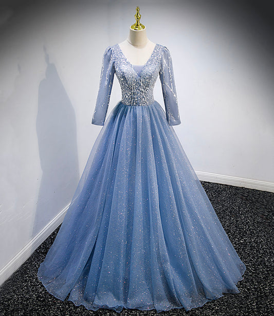 Blue tulle sequins long prom dress blue evening dress  10156
