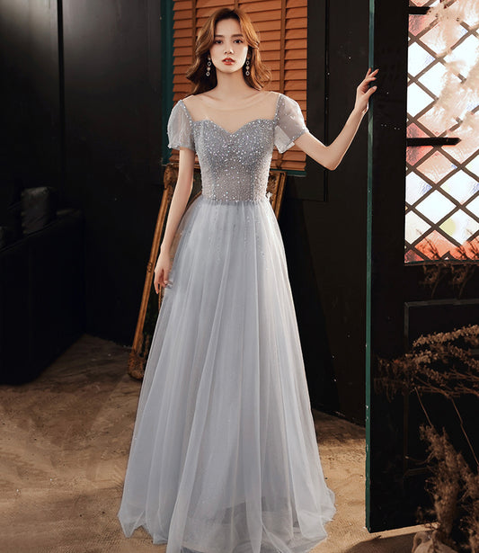 Cute tulle beads long A line prom dress evening dress  8727