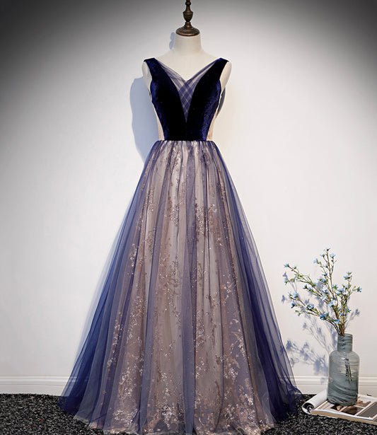 Blue v neck tulle long A line prom dress formal dress  8636