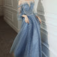 Blue tulle long A line prom dress blue evening dress  8759