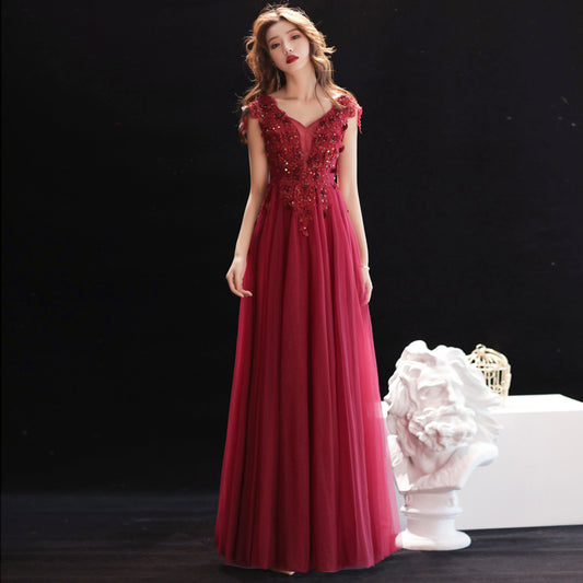 Burgundy v neck lace sequins long prom dress, evening dress  7968