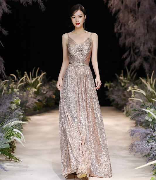 Champagne sequins long A line prom dress evening dress  8783