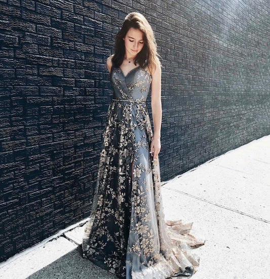 Gray tulle sequins long prom dress evening dress  8940