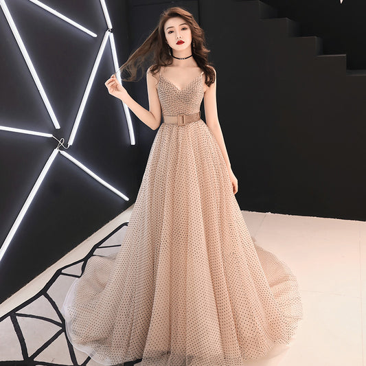Stylish v neck tulle long prom dress, evening dress  7908