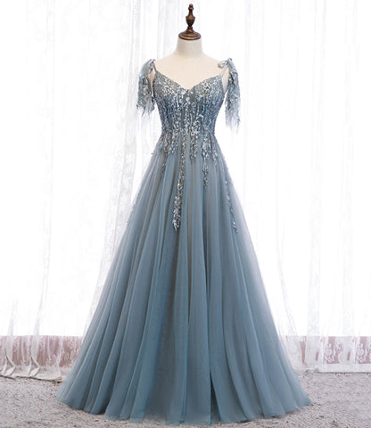 Blue tulle lace long prom dress blue evening dress  10356