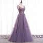 Purple v neck long A line prom dress lace evening dress  8586