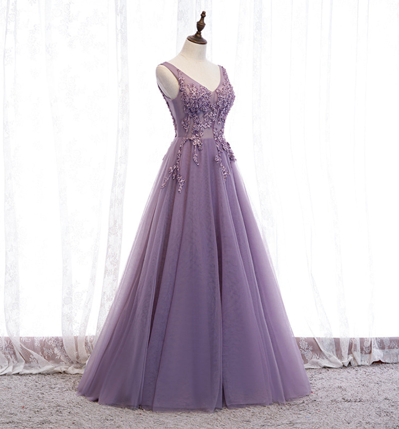 Purple v neck long A line prom dress lace evening dress  8586