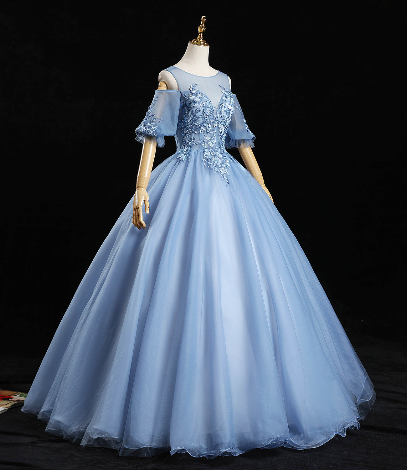 Langes Ballkleid aus blauer Tüllspitze Abendkleid in A-Linie 10457