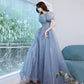 Blue tulle sequins long prom dress A line evening gown  10013