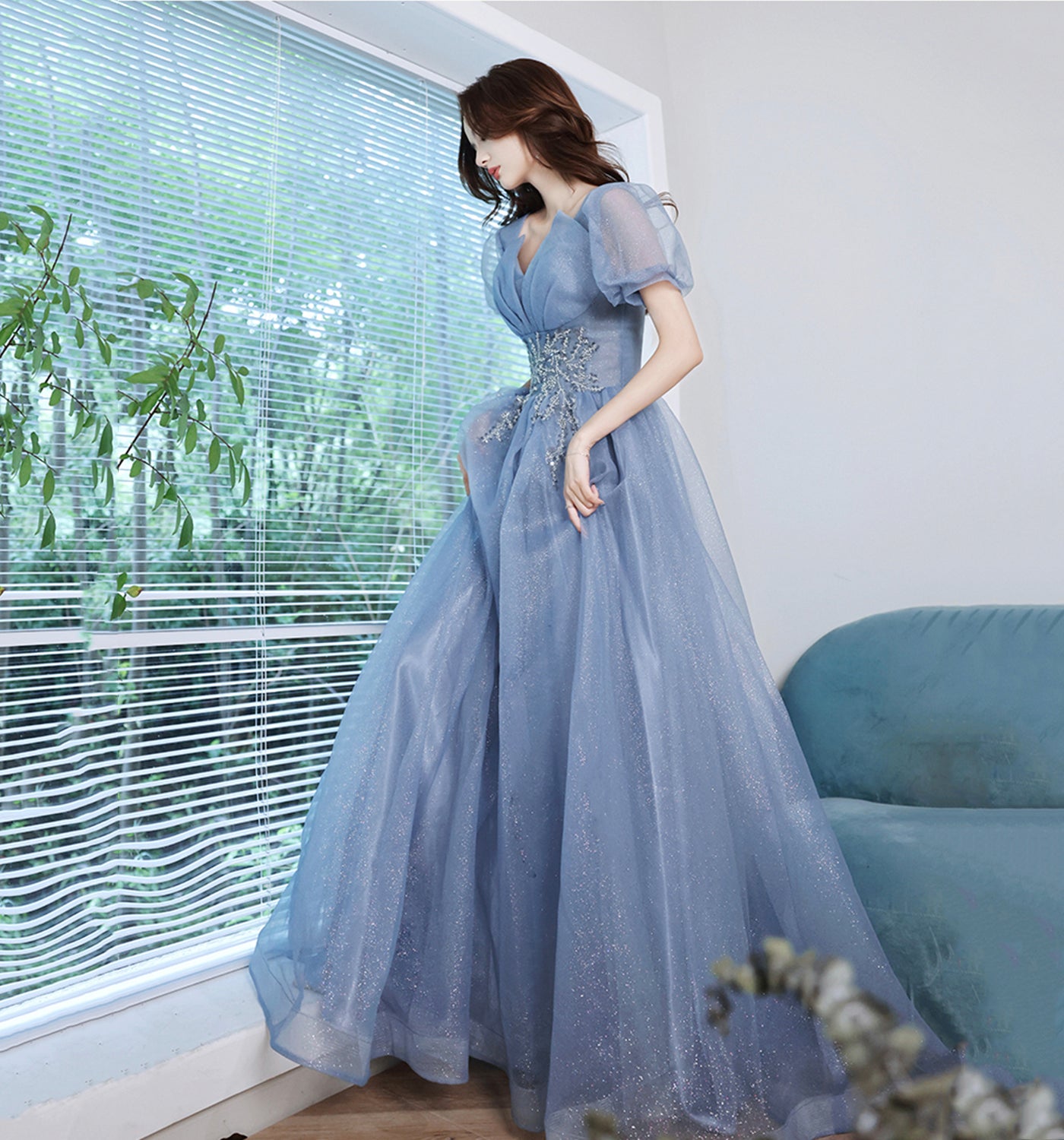 Blue tulle sequins long prom dress A line evening gown  10013