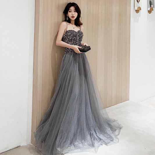 Gray sweetheart neck tulle beads long prom dress, evening dress  8064