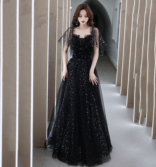 Black tulle long A line prom dress evening dress  8681