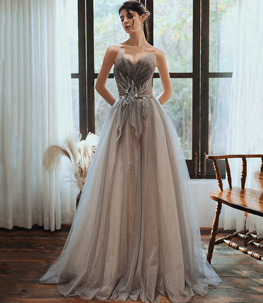Gray tulle sequins long prom dress A line evening gown  10376