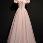 Pink tulle long A line prom dress pink evening dress  8693