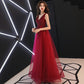Burgundy v neck tulle lace long prom dress, evening dress  8004