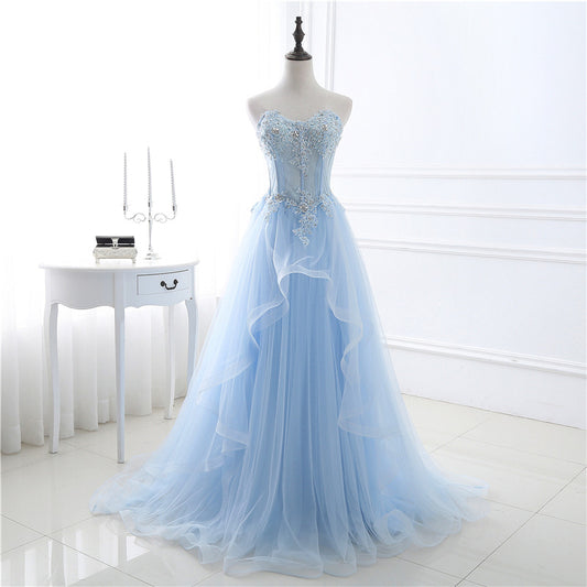 Blue tulle lace long prom dress, blue lace evening dress  8039
