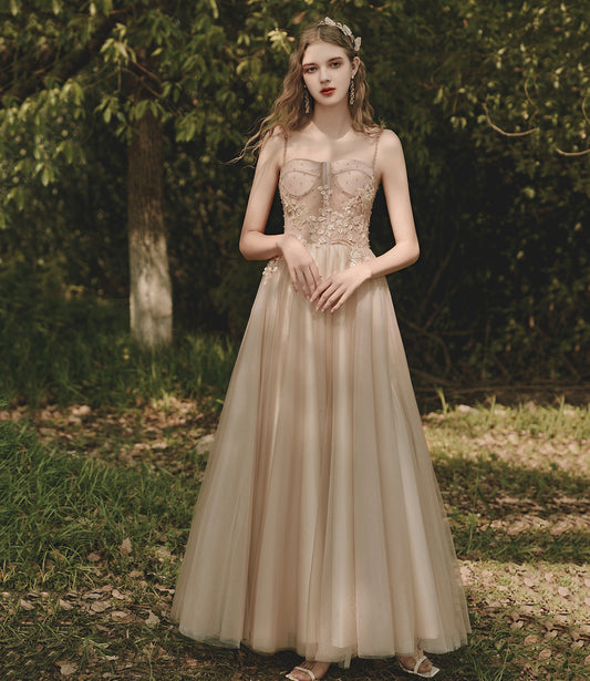 Cute tulle lace long prom dress A line evening dress  10398