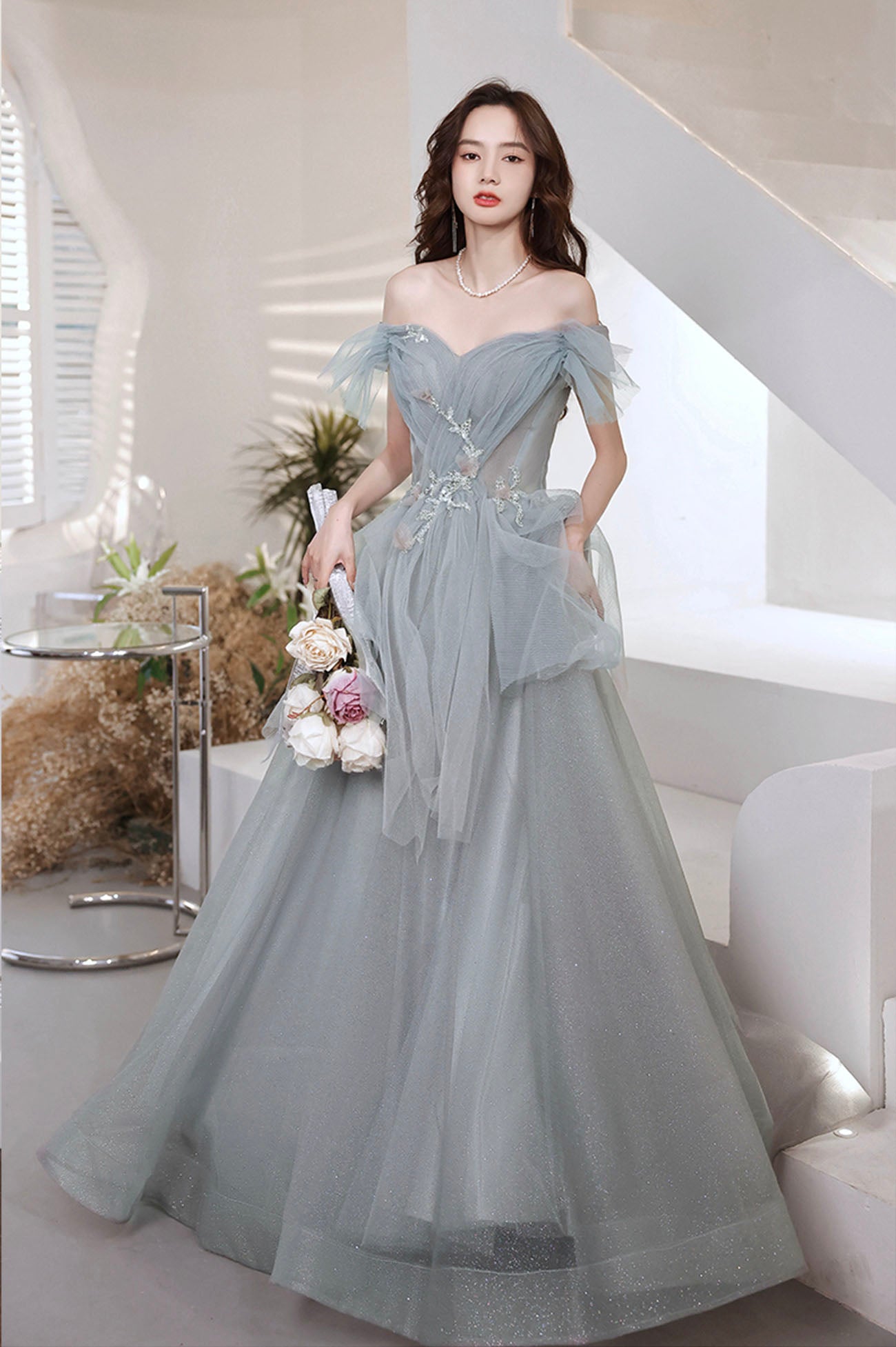 Robe de soirée longue en tulle gris à paillettes Robe de soirée trapèze 10646