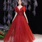 Red v neck tulle long A line prom dress evening dress  8738