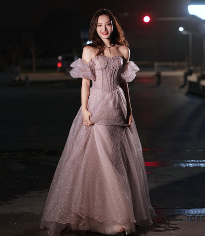 Pink tulle long prom dress pink evening dress  10218