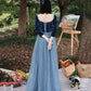 Langes Ballkleid aus blauem Samt-Tüll blaues Abendkleid 8533