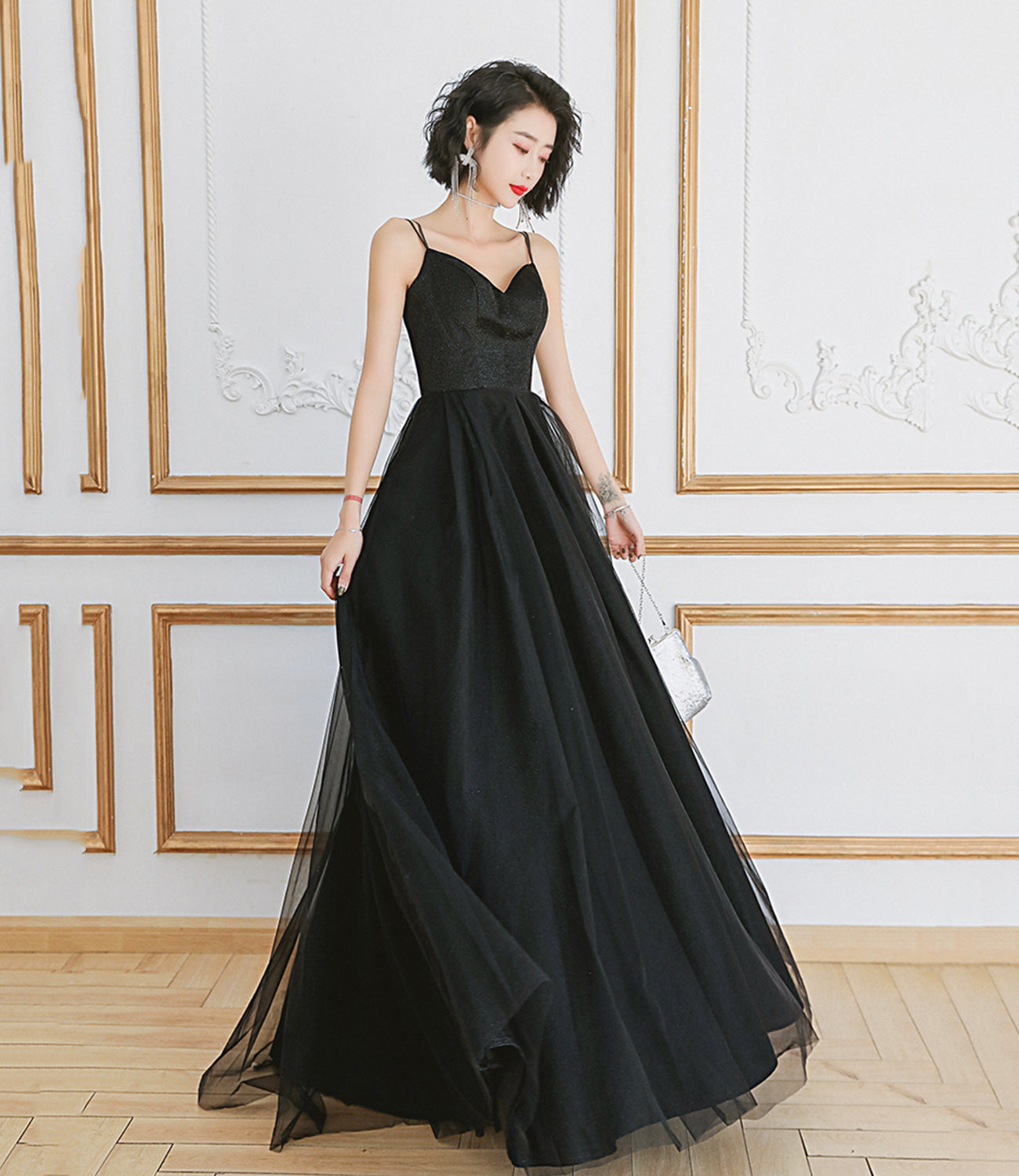 Black tulle long A line prom dress evening dress  8673