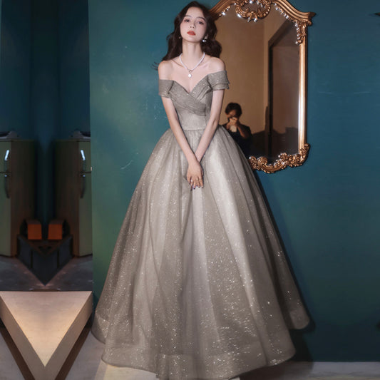 Cute tulle sequins long prom dress A line evening dress  8965