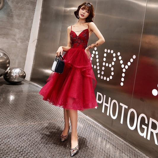 Burgundy tulle lace short prom dress, homecoming dress  8054