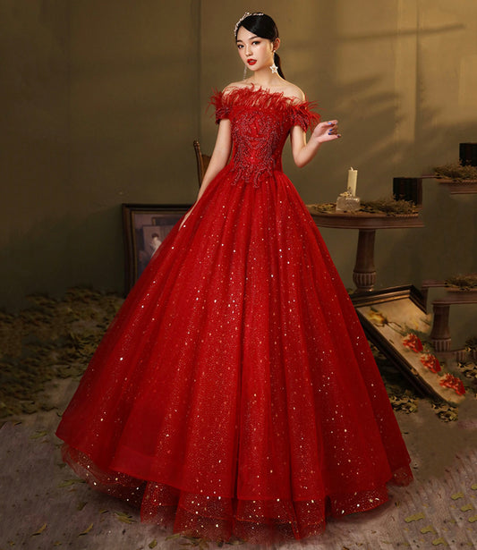 Red tulle sequins long ball gown dress A line evening dress  10324