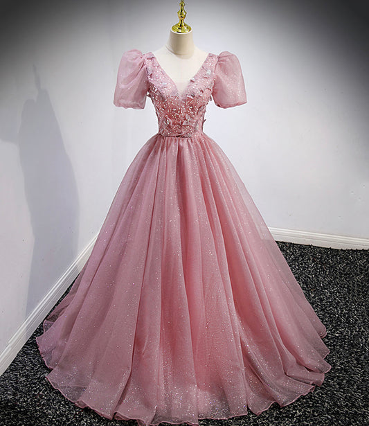 Pink tulle sequins long prom dress pink evening gown  10158