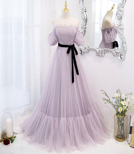 Purple tulle long prom dress A line evening dress  10446