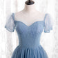 Blue tulle long A line prom dress blue evening dress  8728